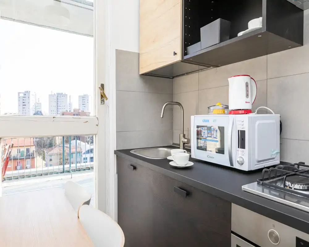 Compact modern kitchenette with sink, microwave, kettle and gas hob, bright natural light from a balcony window — ideal for short-term rentals.
