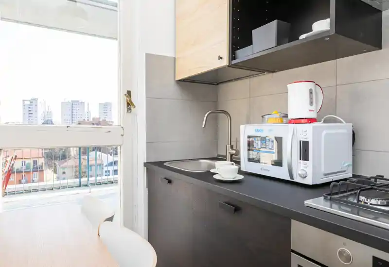Compact modern kitchenette with sink, microwave, kettle and gas hob, bright natural light from a balcony window — ideal for short-term rentals.