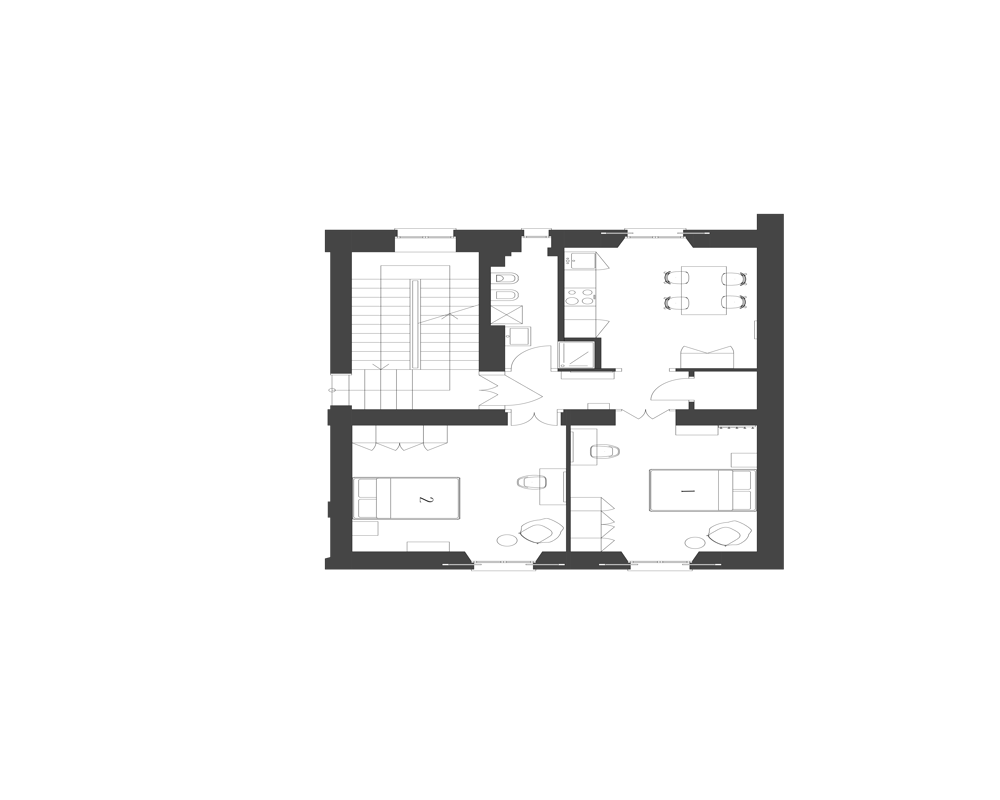 Pianta architettonica su sfondo nero che mostra la disposizione di più ambienti (camere, bagno, cucina/pranzo) disegnata in linee bianche; immagine centrata come disegno planimetrico.