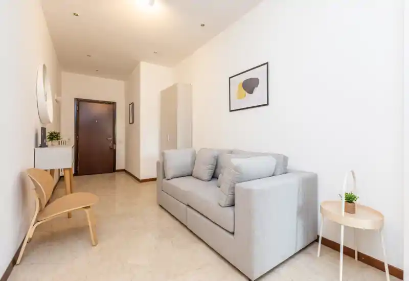 Bright, minimal living area with a light grey sofa, accent cushions and simple decorative elements — ideal for a compact apartment listing.