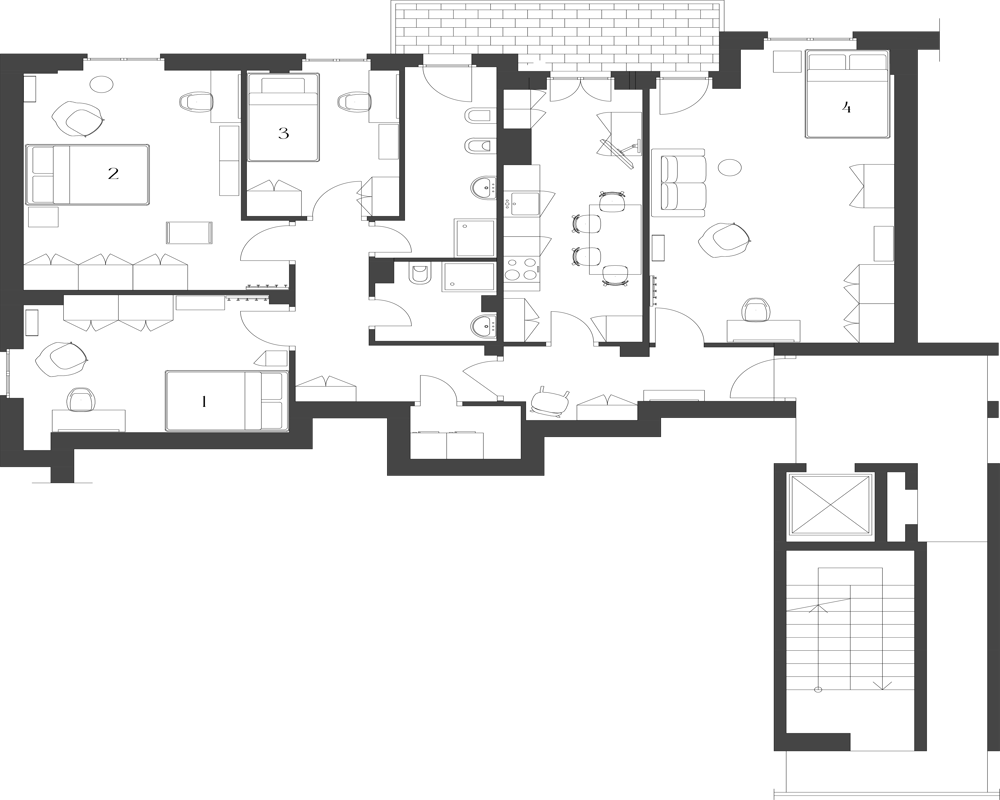 Detailed black-and-white floor plan (planimetry) of an apartment showing rooms, furniture symbols, doors and a stair/elevator core — intended as a layout diagram rather than a photographic view.