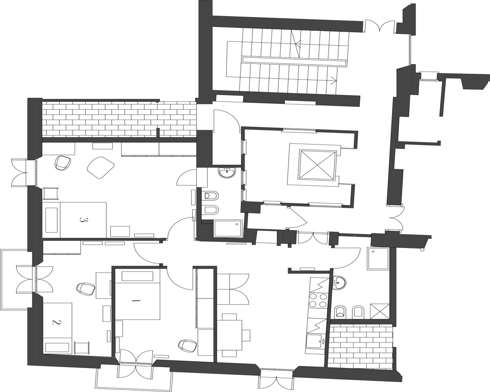 Pianta architettonica (planimetria) che mostra la disposizione delle stanze, porte, finestre e simboli degli arredi — una vista dall'alto usata per annunci e progettazione degli spazi.