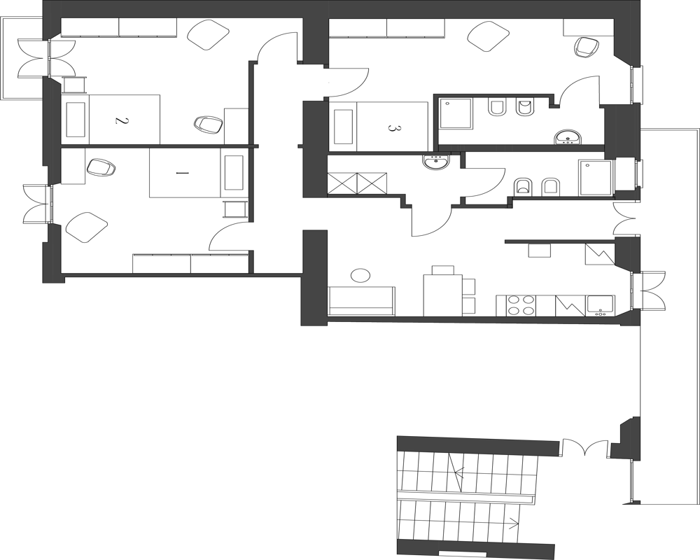 Pianta architettonica dall’alto che mostra l’intero layout dell’appartamento con camere, bagni, cucina e aree di circolazione — vista planimetrica tecnica.