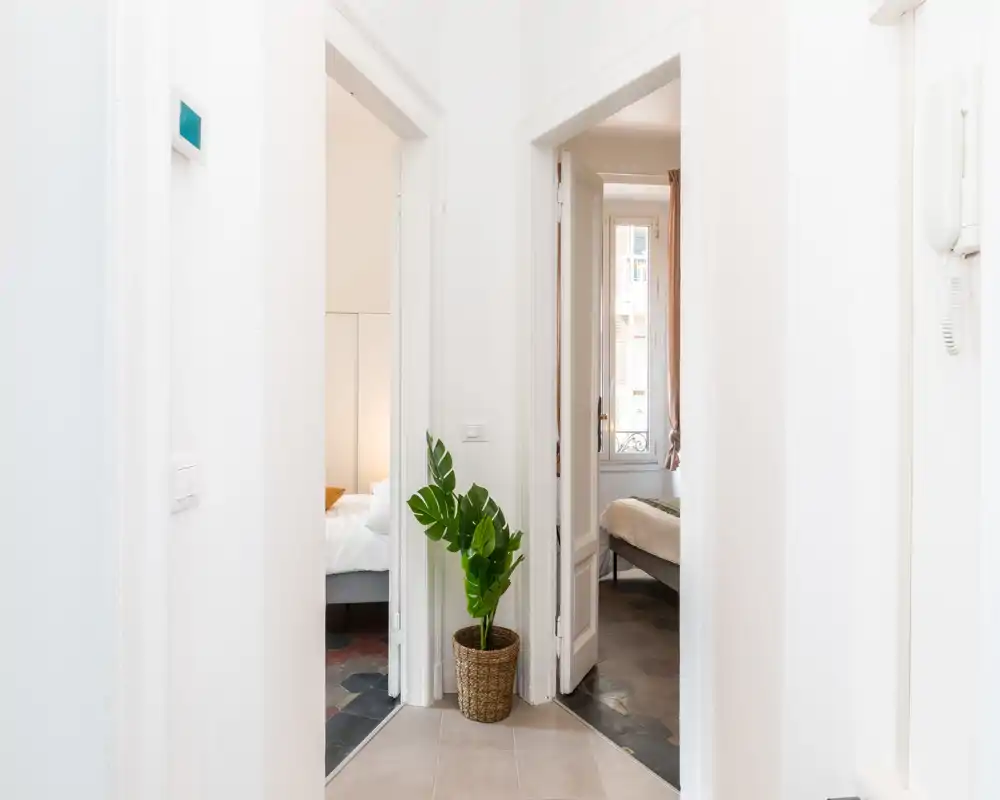 Ingresso/corridoio luminoso e minimale con pareti bianche, una pianta in vaso e due porte che conducono alle camere da letto — spazio di passaggio pulito e accogliente.