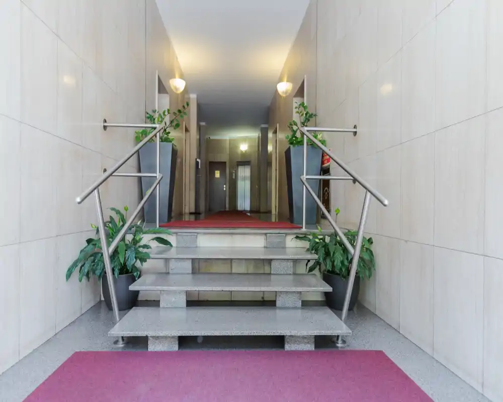 Well-lit building entrance with short steps, stainless handrails and decorative potted plants leading to an interior corridor and elevator.