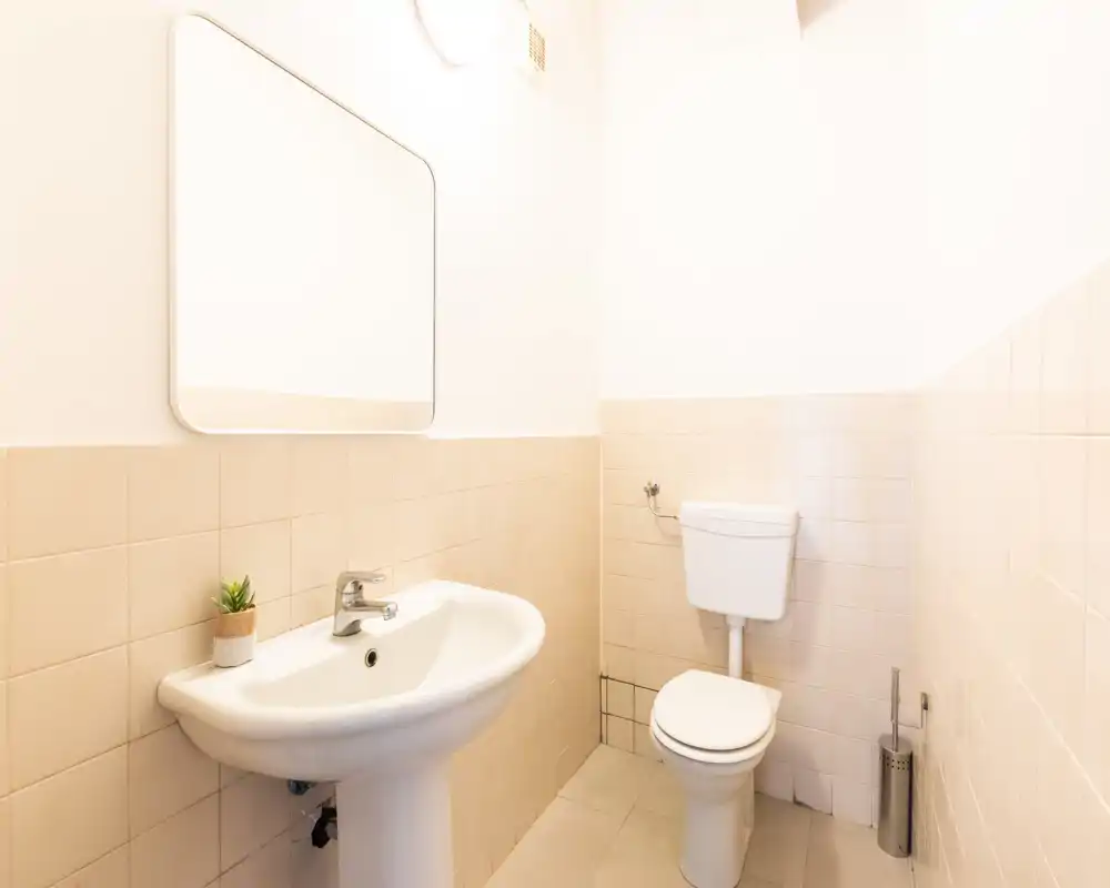 Piccolo bagno luminoso con lavabo a colonna, specchio a parete e WC; piastrelle neutre e accessori minimali creano uno spazio pulito e funzionale.