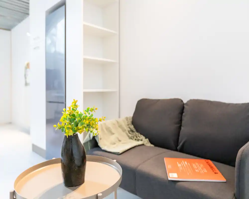 Soggiorno luminoso e moderno con divano scuro a due posti, plaid decorativo e un piccolo tavolino rotondo con vaso: stile minimal pulito, ideale per un annuncio accogliente.