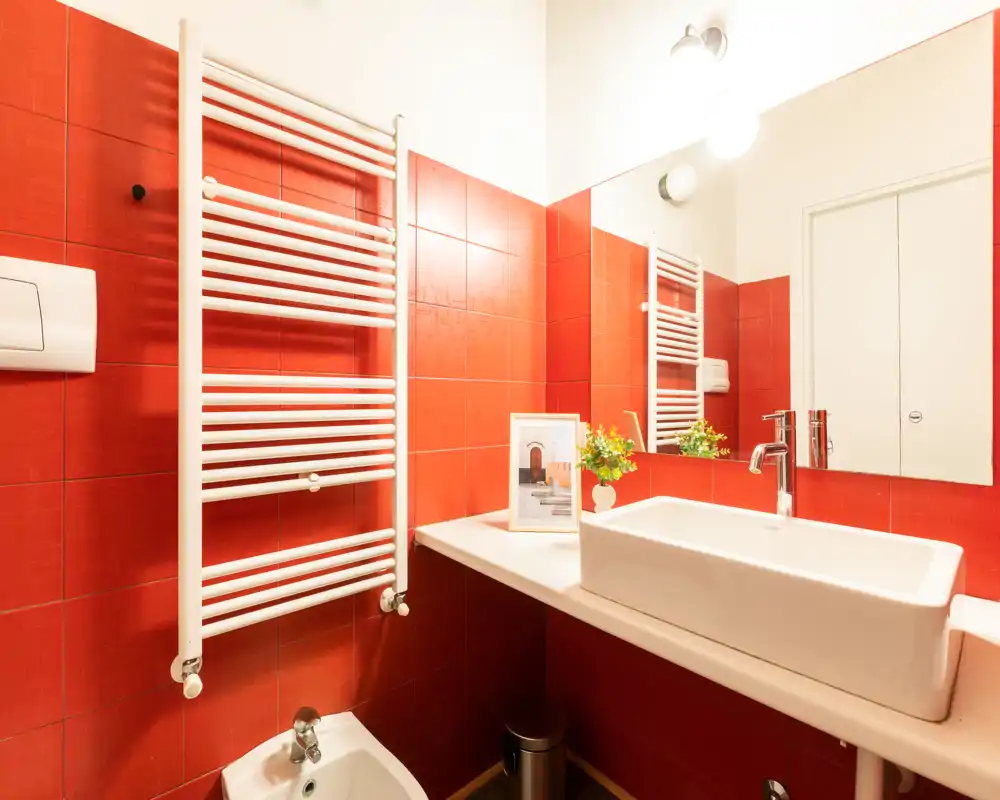Baño moderno y luminoso con paredes de azulejos rojos, lavabo rectangular blanco, espejo y bidé visible; espacio compacto y bien iluminado.