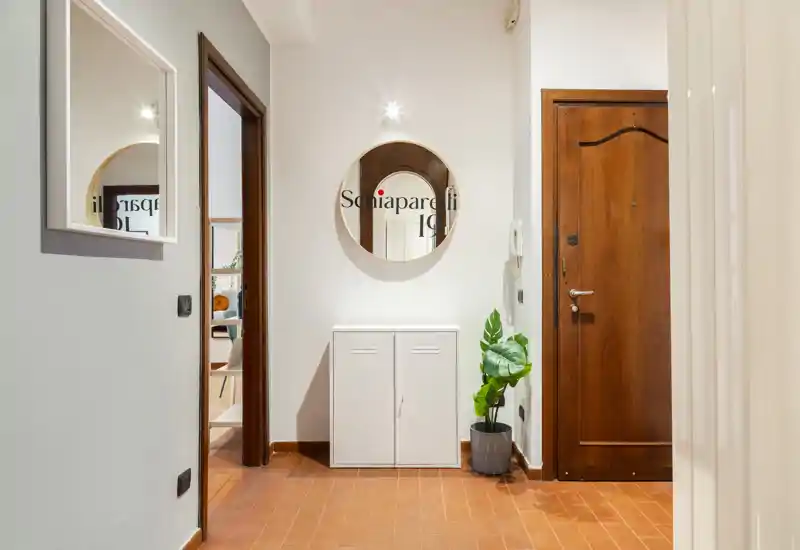 Bright, tidy entrance hallway with a wooden front door, wall mirror, small storage cabinet and potted plant — ideal first impression for a rental listing.