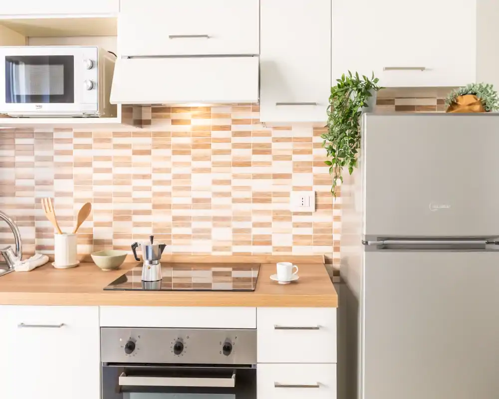 Bright, modern compact kitchen with a wooden countertop, induction hob, built-in oven, microwave and refrigerator; styled with small utensils and a potted plant for a warm touch.