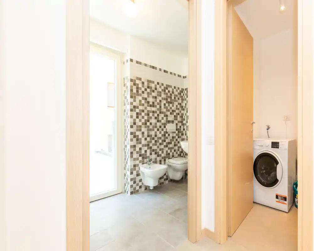Bright modern bathroom with wall-mounted bidet and toilet, mosaic tile accent wall and large window providing natural light.