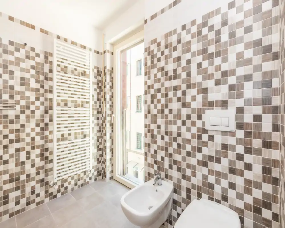 Modern bathroom with patterned mosaic wall tiles, a bidet and a wall-hung toilet visible; bright natural light from a tall window.