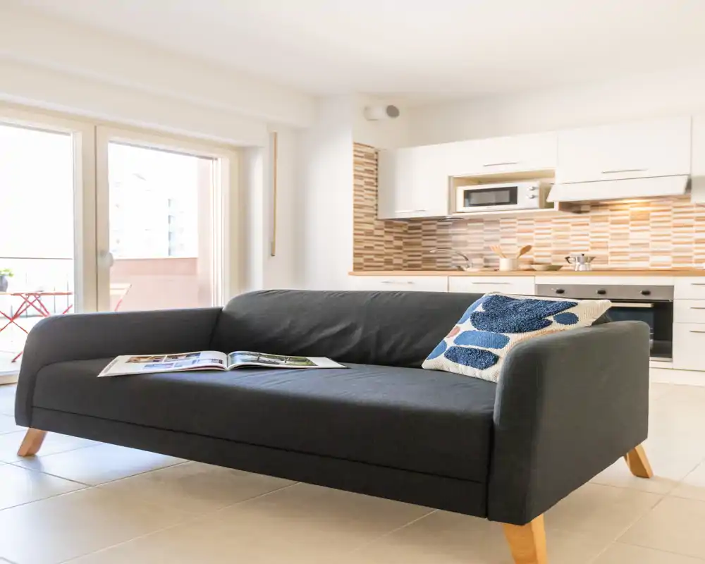 Bright, modern living area with a dark sofa facing an open kitchenette; large sliding doors bring abundant natural light and a cozy decorative cushion adds a welcoming touch.