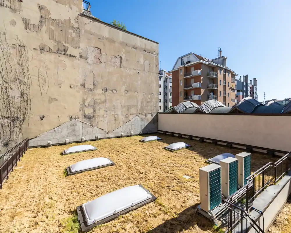Flat roof/roof terrace with skylights and rooftop HVAC units, covered in dry vegetation; clear blue sky and surrounding apartment buildings visible.