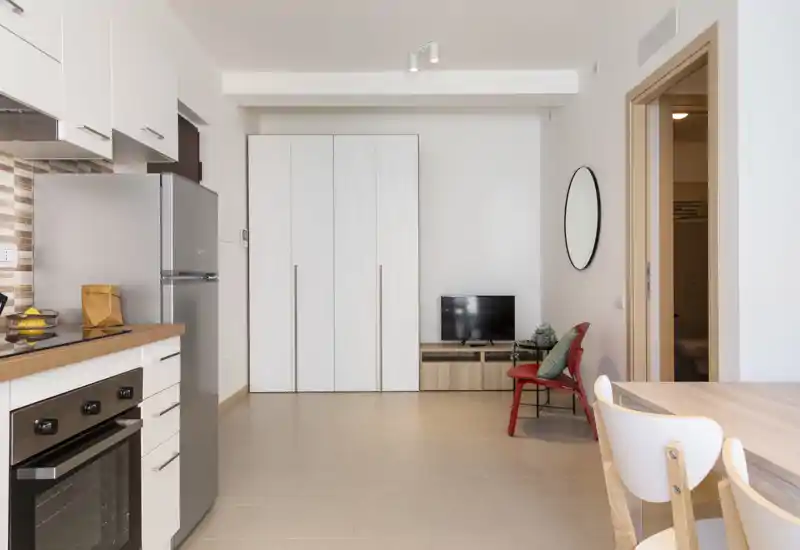Bright, minimalist living area with an open kitchenette, small TV unit, wardrobe and dining chairs — ideal for a compact studio layout.