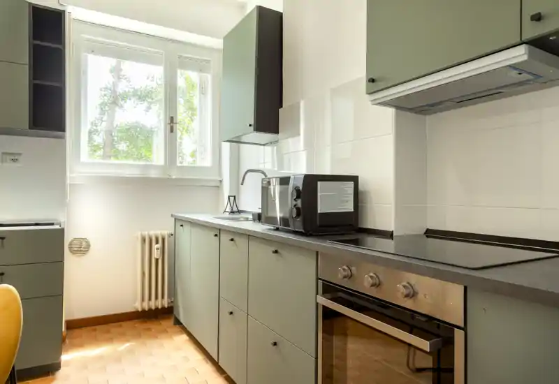 Bright modern kitchen with matte green cabinets, electric hob and built-in oven, a microwave on the countertop and a sunny window providing natural light.