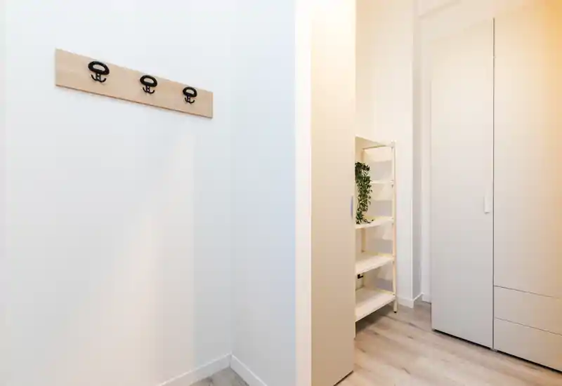 Bright, minimal entrance/vestibule with wall hooks and a built-in wardrobe; light wood flooring and clean white walls create a fresh, welcoming feel.