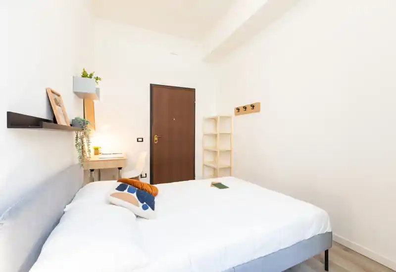 Camera da letto luminosa e minimal: letto matrimoniale con cuscino decorativo, una scrivania con lampada e piante, scaffalatura e appendiabiti vicino all'ingresso.