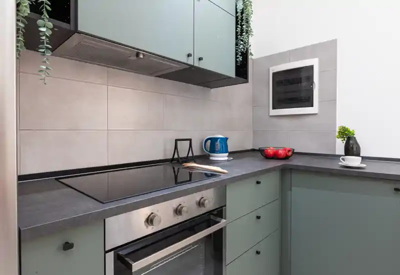 Modern compact kitchen with mint-green cabinets, induction cooktop, built-in oven and tasteful decorative touches (plants and fruit) creating a fresh, functional cooking space.