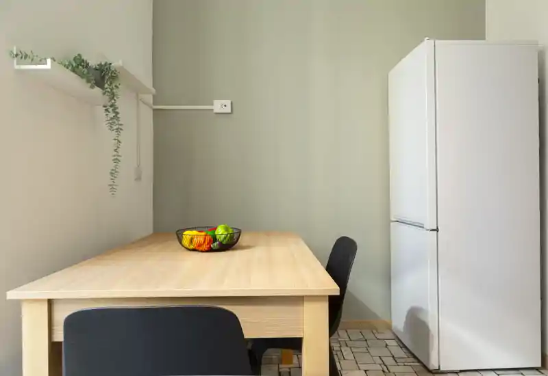 Coin cuisine compact avec une table en bois, deux chaises noires et un réfrigérateur blanc ; agencement simple et lumineux avec un bol de fruits décoratif et une plante suspendue.