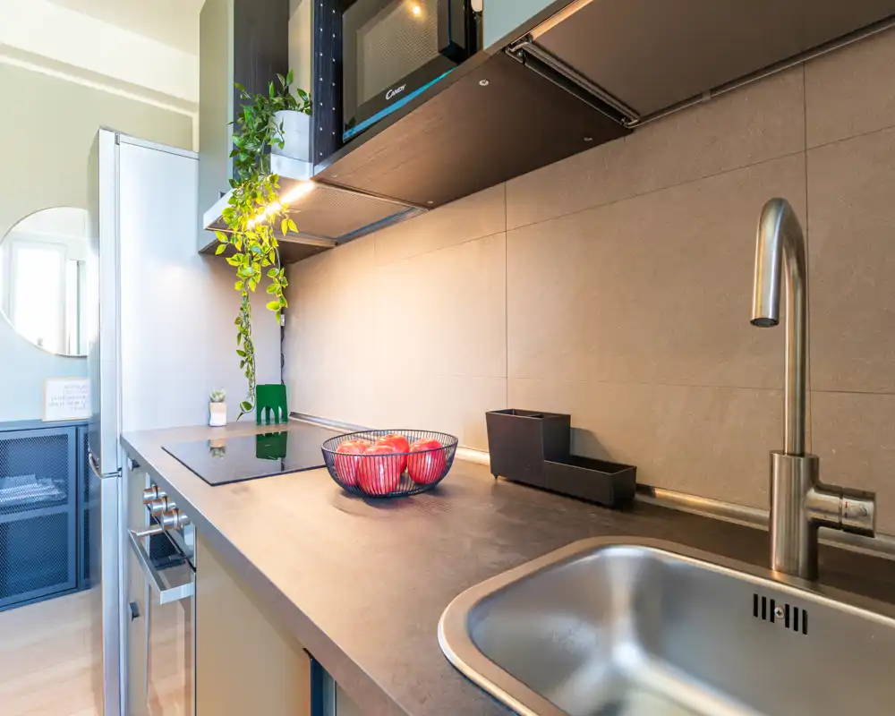 Cucina moderna e compatta con lavello in acciaio, piano a induzione, forno a microonde incassato e una ciotola di frutta decorativa sul piano. Spazio luminoso e curato con una pianta sospesa e piastrelle neutre.