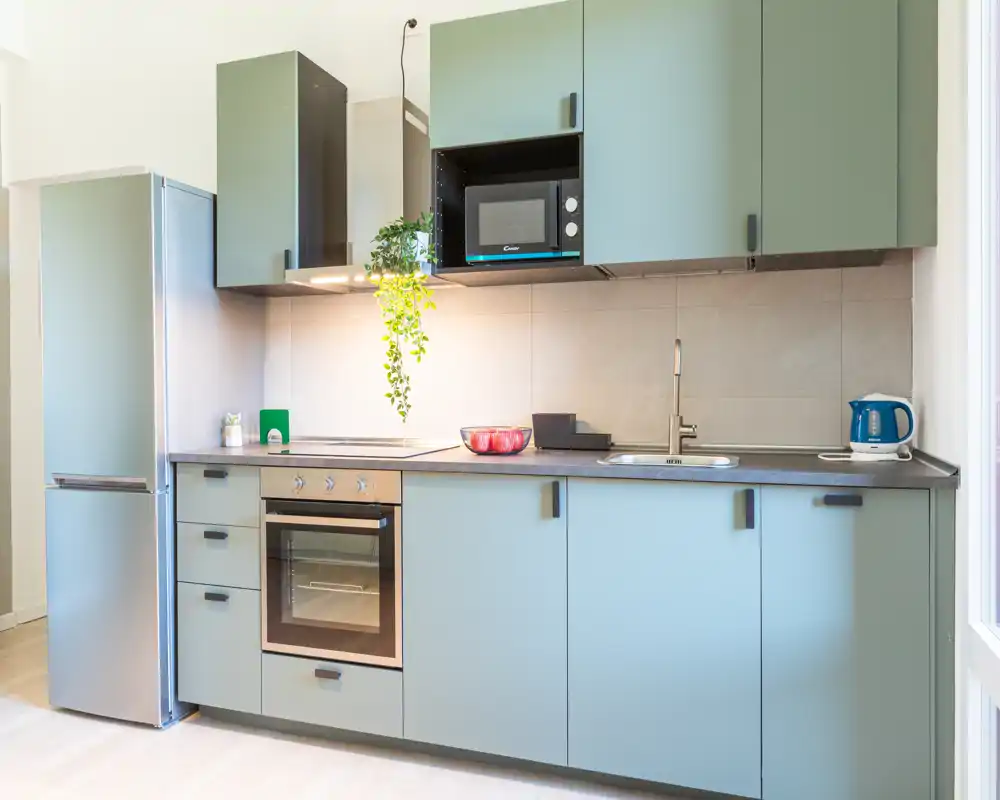 Cucina moderna e luminosa con forno integrato, microonde e frigorifero, mobili verde salvia e una pianta pensile che dona freschezza.
