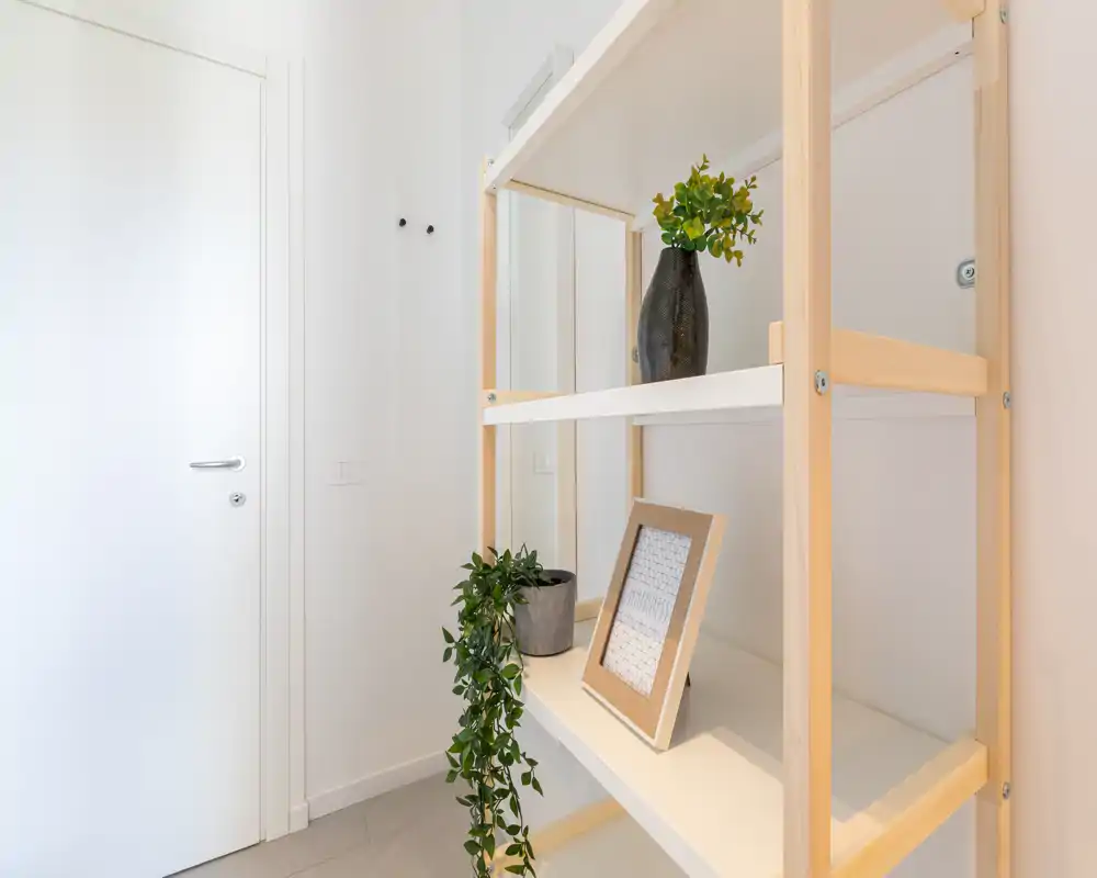 Ingresso luminoso e minimale con scaffale in legno, piante decorative e cornice: ingresso pulito e accogliente.