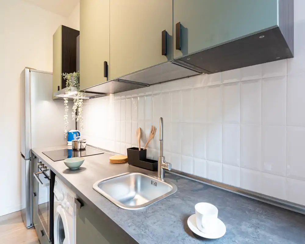 Cocina moderna y compacta con encimera limpia, fregadero integrado, placa de inducción y frigorífico. Iluminación uniforme y pequeños detalles decorativos la hacen práctica y acogedora.