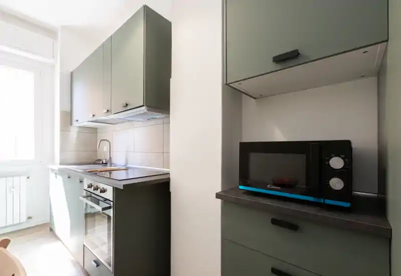 Cocina moderna y compacta con armarios verdes mate, horno empotrado, fregadero de acero y microondas en la encimera; luz natural intensa por la ventana que aporta un ambiente funcional y luminoso.