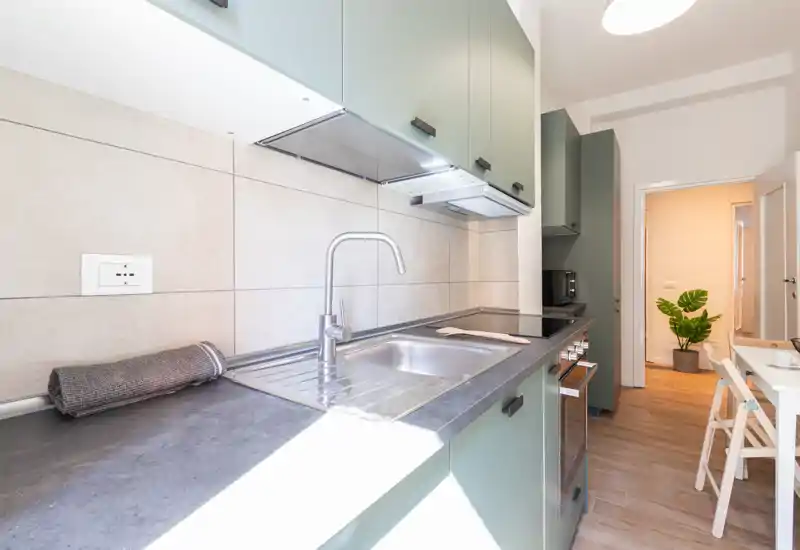 Cucina moderna e compatta con lavello in acciaio inox, forno incassato e mobili verde salvia; luce naturale intensa e superfici pulite, perfetta per foto di affitti brevi.