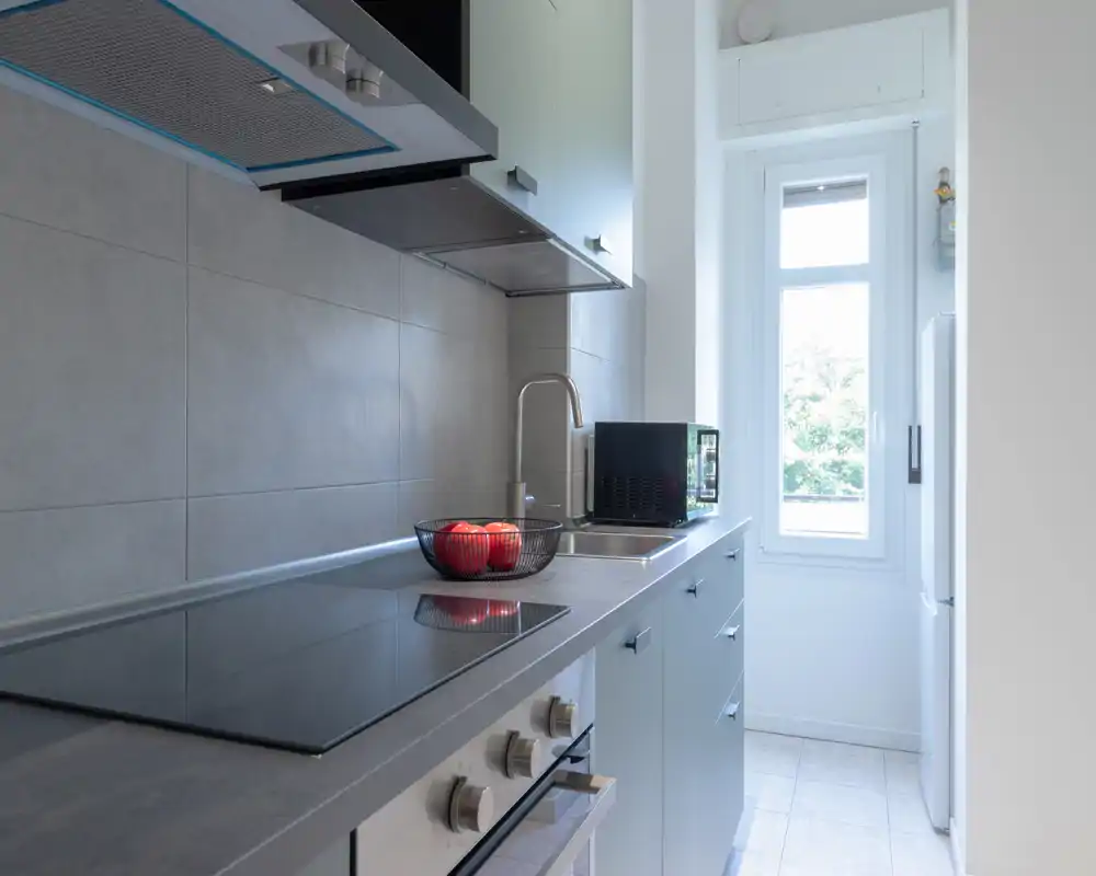 Bright modern kitchen with a smooth induction cooktop, built-in oven, sink and a window providing natural light. Clean minimalist cabinetry and a decorative bowl of fruit give a welcoming, functional feel.