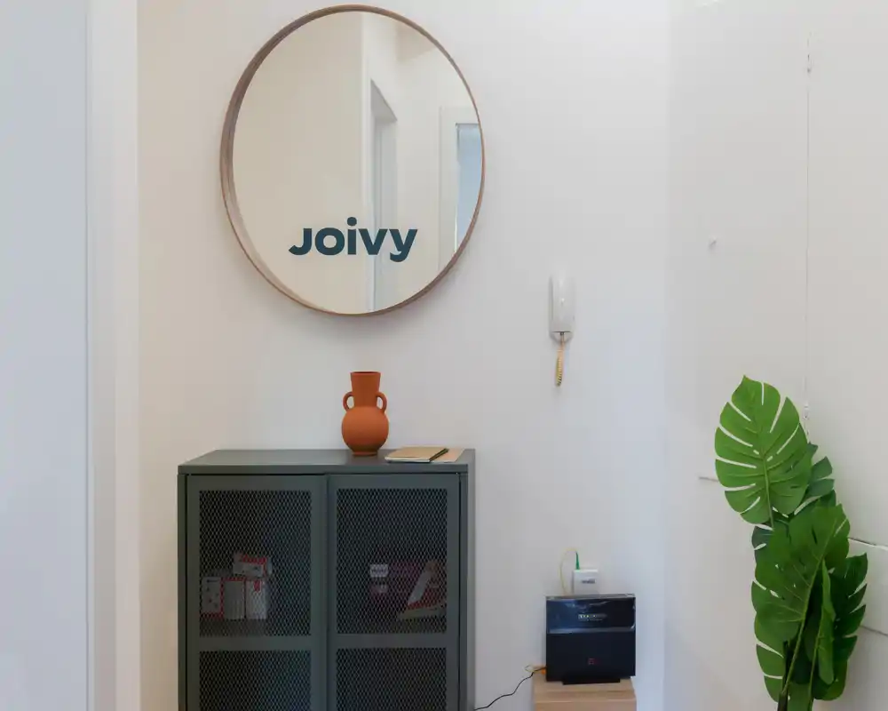 Bright, modern entrance area with a round mirror, a small storage cabinet, decorative vase and a green plant — clean and welcoming entry space.