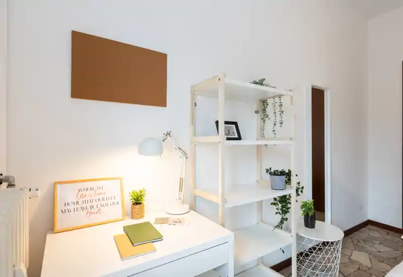 Bright, minimal living area corner with a white desk, shelving unit and decorative plants creating a calm, functional workspace.