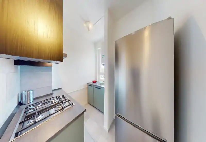Compact modern kitchen with a stainless-steel fridge, gas hob and light green lower cabinets; bright window brings natural light and the layout is efficient for small apartments.