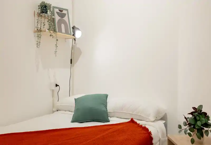 Camera da letto luminosa e minimale con letto ordinato, cuscino verde e coperta rossa, lampada da comodino, mensola con piante e comodino con pianta in vaso.
