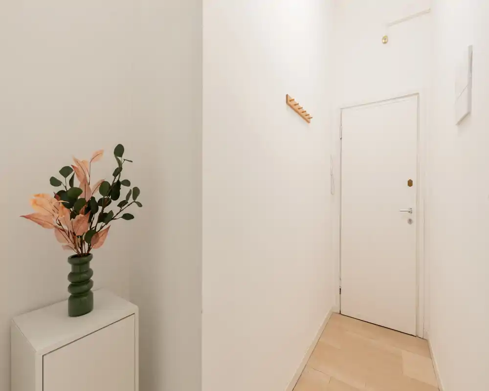 Ingresso compatto e minimal con pavimento in legno chiaro, porta bianca sul fondo e piccolo mobile con vaso decorativo in cima.