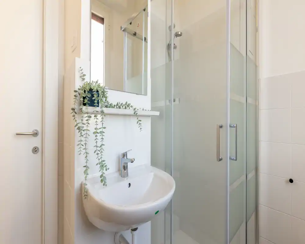 Bagno moderno e luminoso con lavabo a muro, rubinetto cromato, specchio e doccia con box in vetro. Piastrelle bianche e una piccola pianta decorativa donano freschezza.