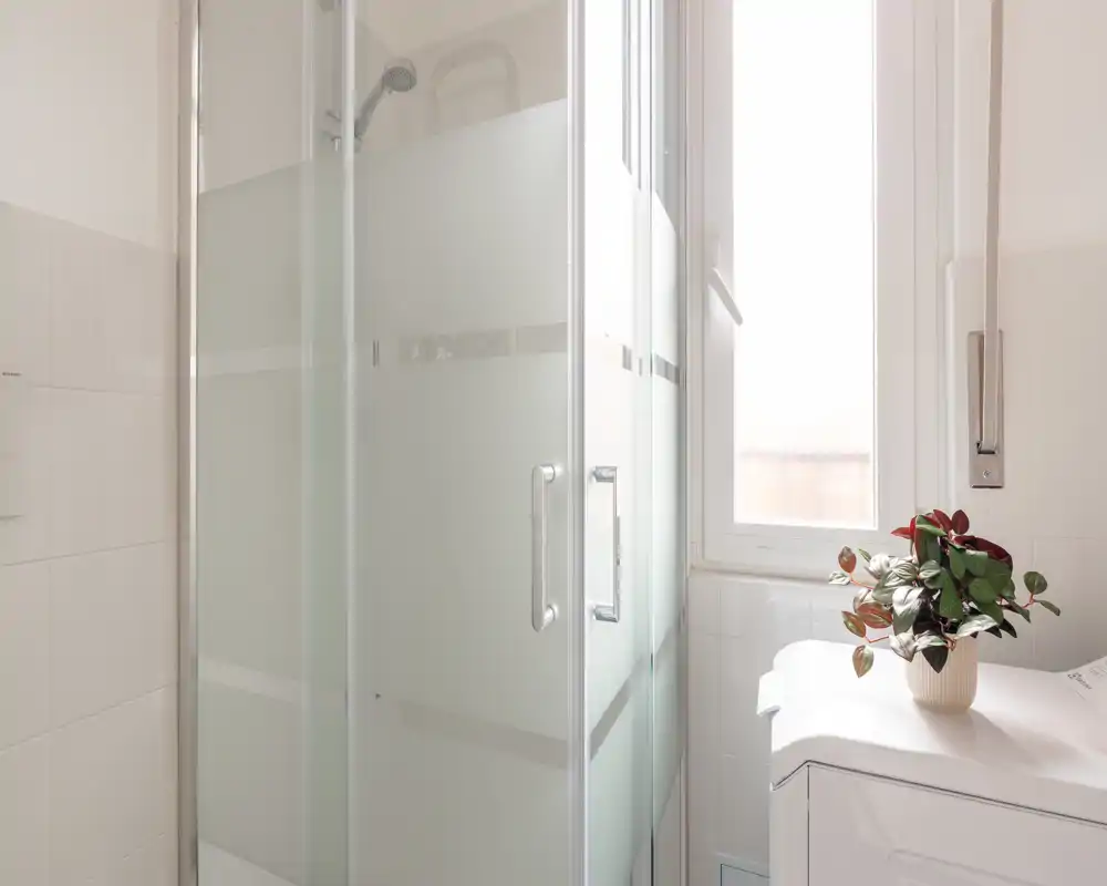 Bagno moderno e luminoso con box doccia in vetro satinato, finestra che garantisce luce naturale e una piccola pianta decorativa sul mobile del lavabo.