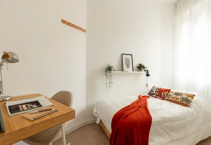 Camera da letto luminosa e accogliente con letto singolo ben rifatto, cuscini decorativi e un caldo plaid rosso, più una scrivania compatta — perfetta per un affitto elegante e funzionale.