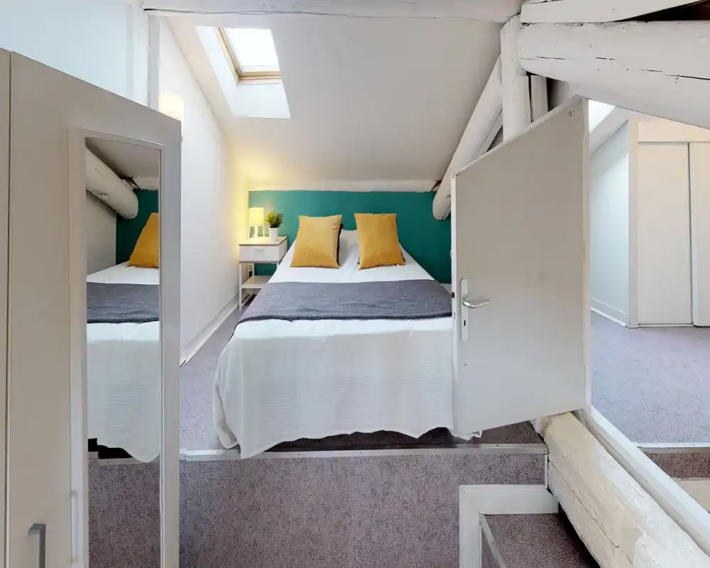 Bright, compact attic bedroom with a skylight, double bed dressed in white linens, mustard accent pillows and a bedside table with lamp and plant — cosy and well staged for rental photos.