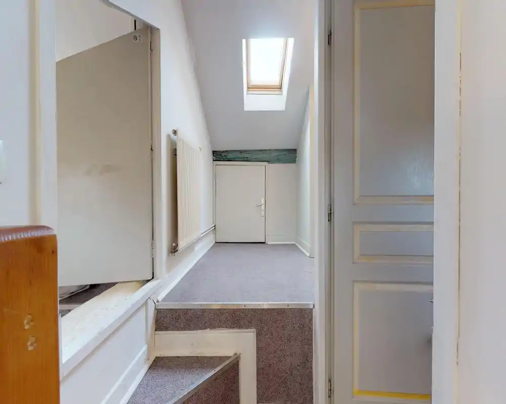 Narrow entrance/landing under a sloped ceiling with a skylight, small door and radiator — clean neutral decor and carpeted steps.