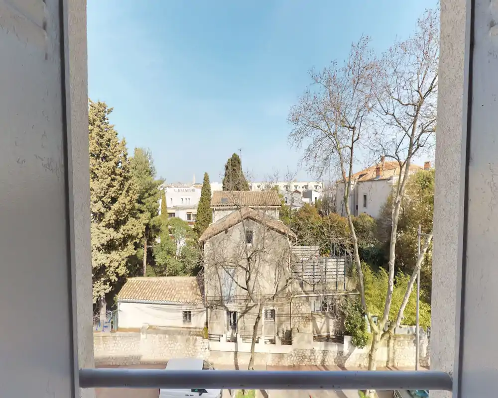 Bella vista da balcone/finestra sulle case e gli alberi vicini; luce diurna limpida e cielo aperto che rendono l'ambiente luminoso e gradevole.