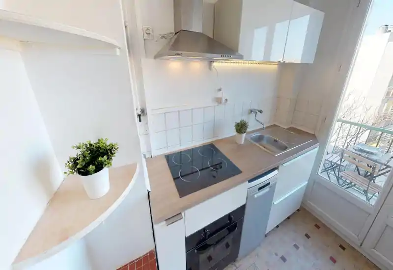 Cuisine moderne et compacte avec plaque de cuisson électrique intégrée, éclairage sous les meubles, évier en inox et lave-vaisselle. Plan de travail en bois clair et petites plantes apportent une atmosphère fraîche et fonctionnelle ; accès au balcon pour une belle lumière naturelle.