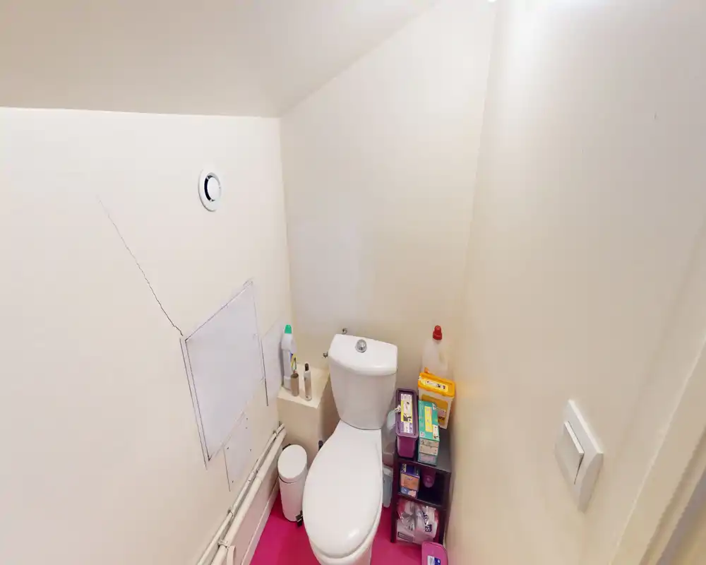 Small private bathroom with a close-up view of a toilet, compact shelving with toiletries and cleaning products, and light neutral walls.