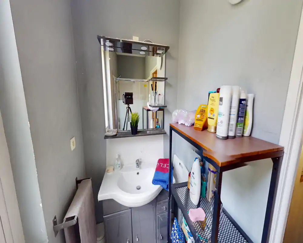 Compact bathroom corner with a white sink, mirror with shelf, towel rail and open shelving stocked with toiletries — bright and tidy space ideal for a rental listing.