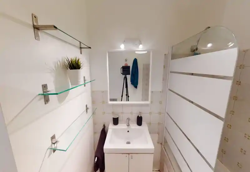 Salle de bains compacte et bien éclairée avec lavabo et miroir, étagères en verre à gauche et douche avec paroi en verre dépoli à droite.