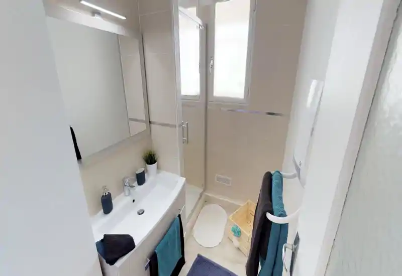 Salle de bains compacte et propre avec vasque, miroir armoire et douche vitrée. Carrelage neutre et serviettes coordonnées pour un style moderne et frais.