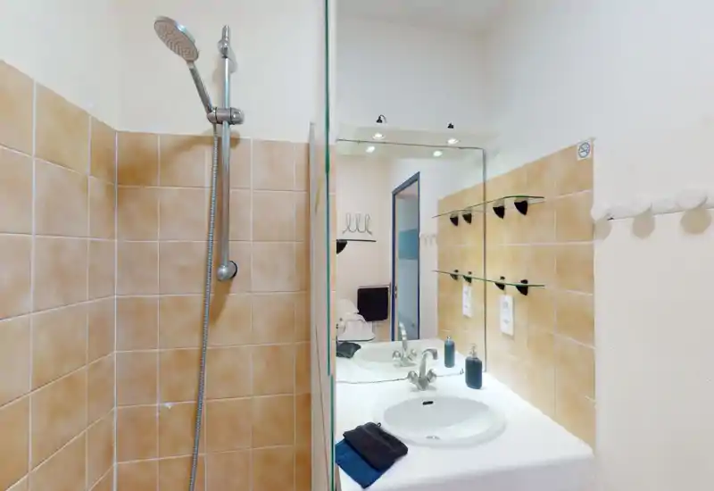 Salle de bain propre et bien éclairée avec pomme de douche, murs carrelés et lavabo avec miroir — accessoires soignés et bonne lumière, adapté aux photos d'annonce.