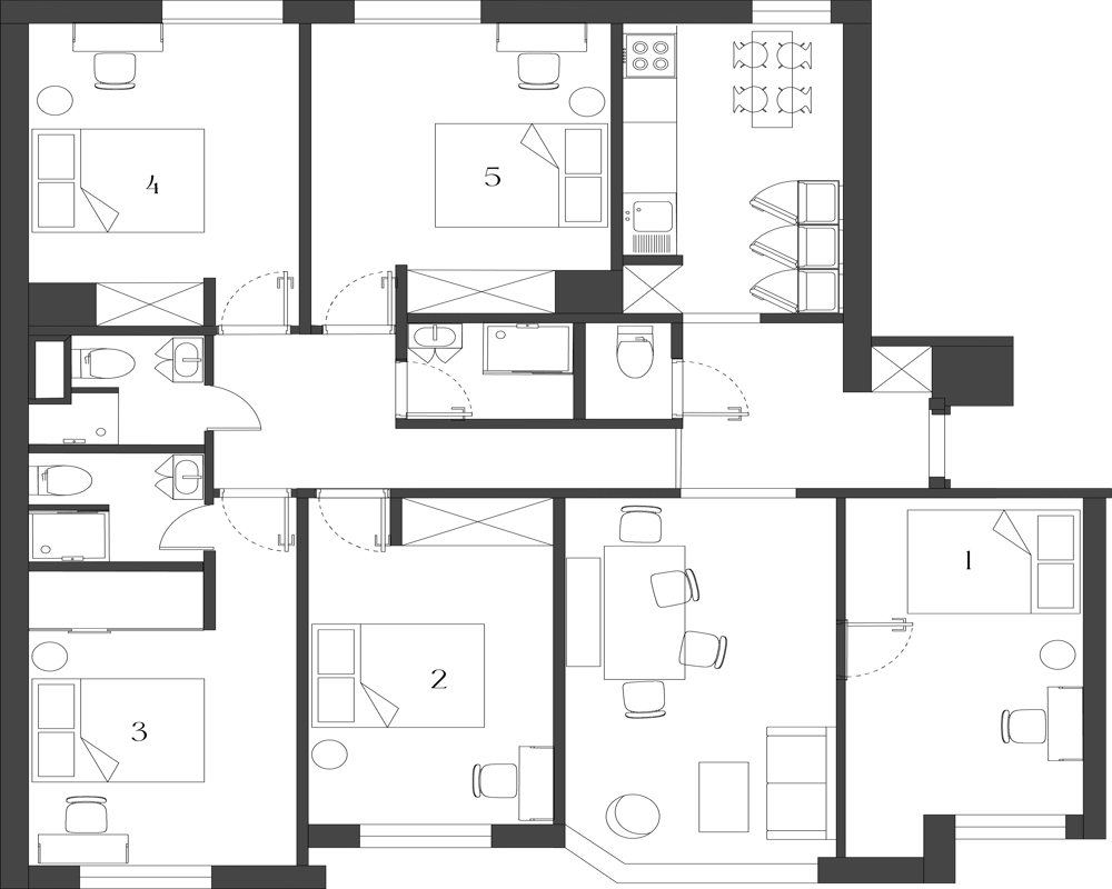 Plan architectural en noir et blanc montrant plusieurs pièces étiquetées (chambres, salles de bain, cuisine, séjour/salle à manger) et les zones de circulation ; adapté comme vue de planimétrie pour les annonces.