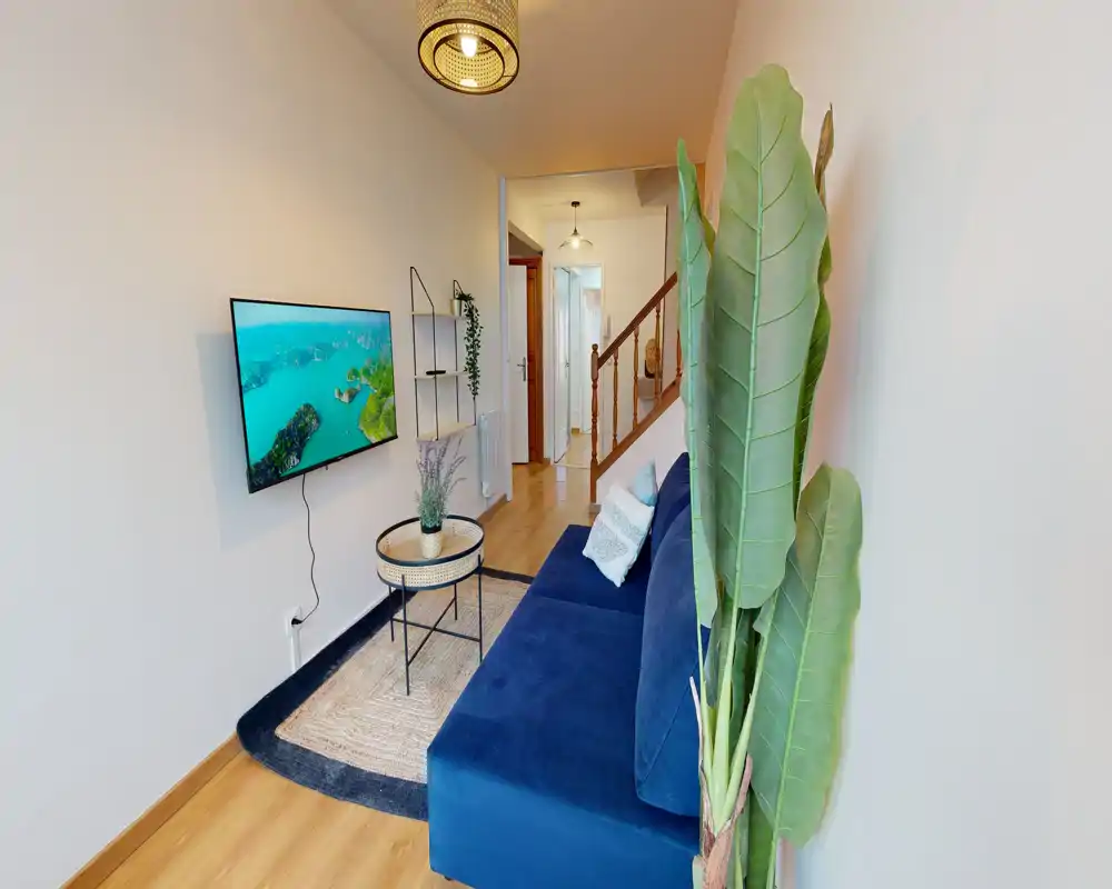 Petit salon confortable avec canapé bleu profond, TV murale et touches naturelles comme un tapis tressé et une grande plante — lumineux et bien mis en scène.